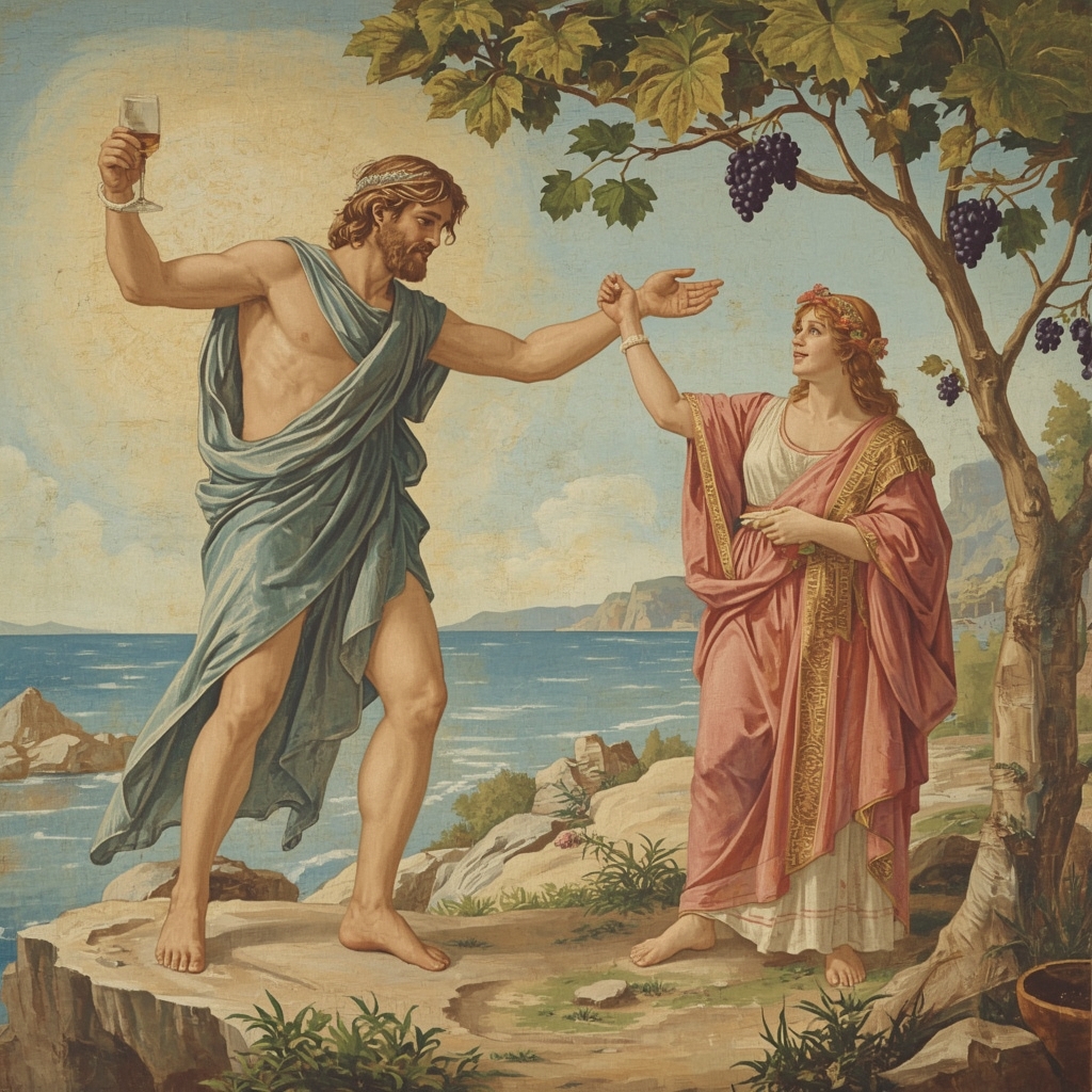 Dionizos odnajduje Ariadnę na Naksos – fresk w stylu antycznym